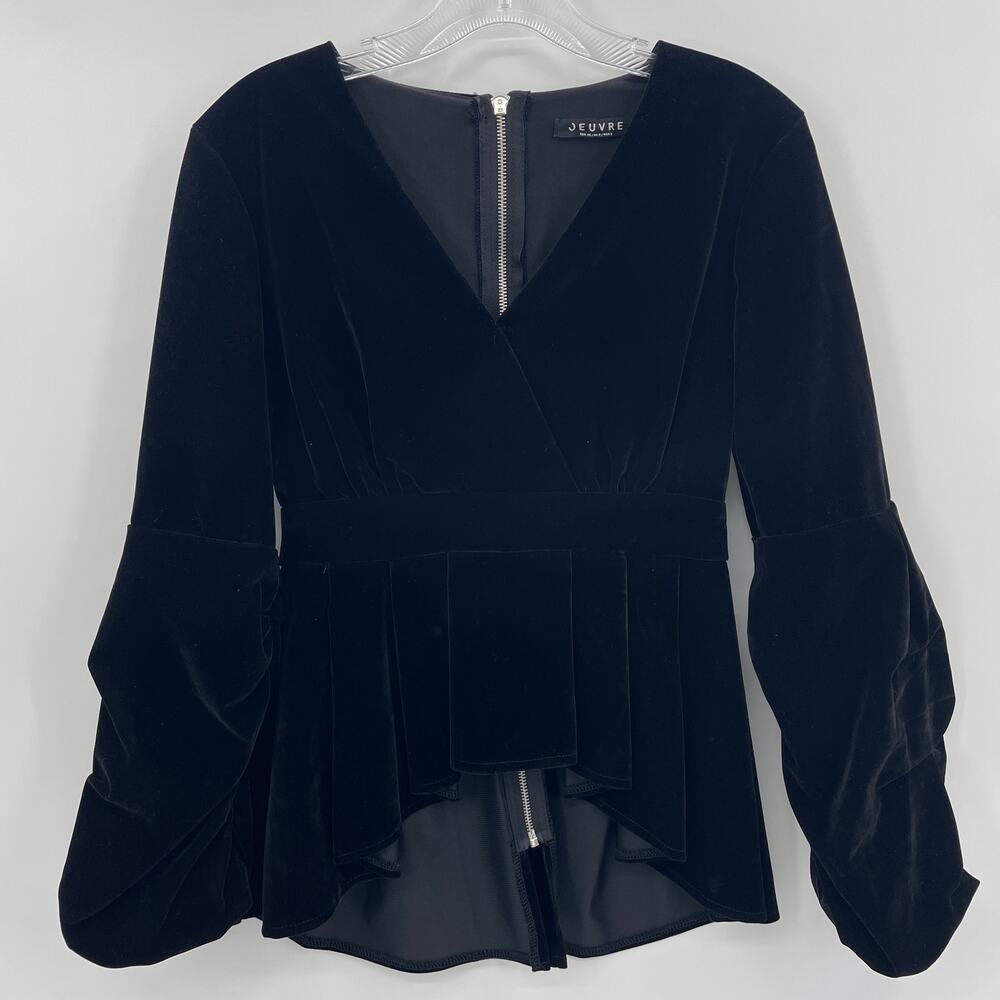 JEUVRE Velvet Velour Blouse Womens Size S High Low Gathered Sleeves Goth Black